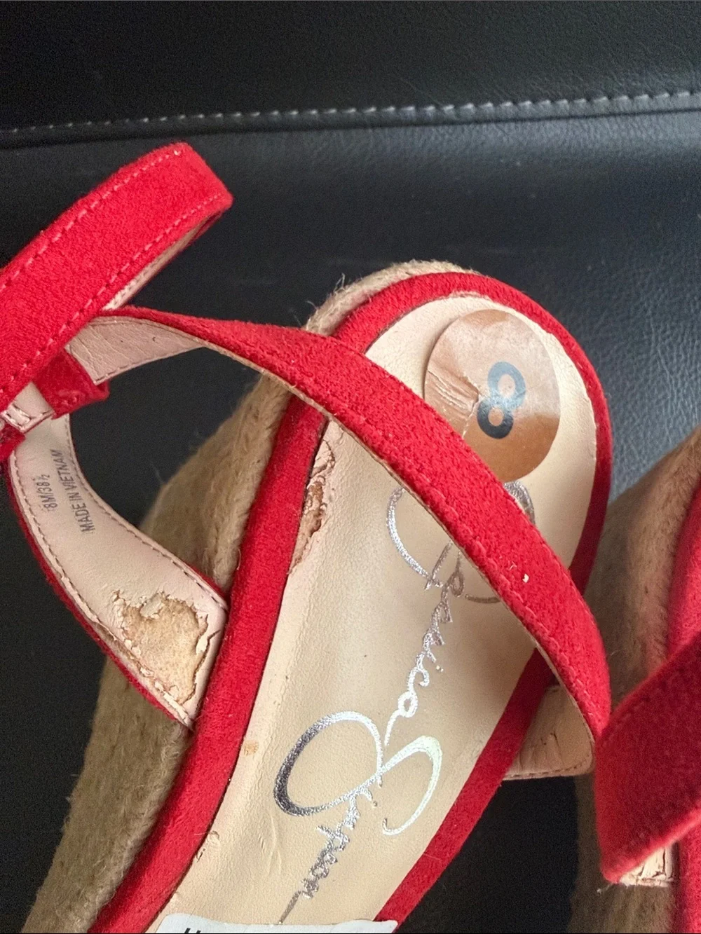 Jessica Simpson Red Suede Espadrille Wedge Sandals with Floral Clear Straps